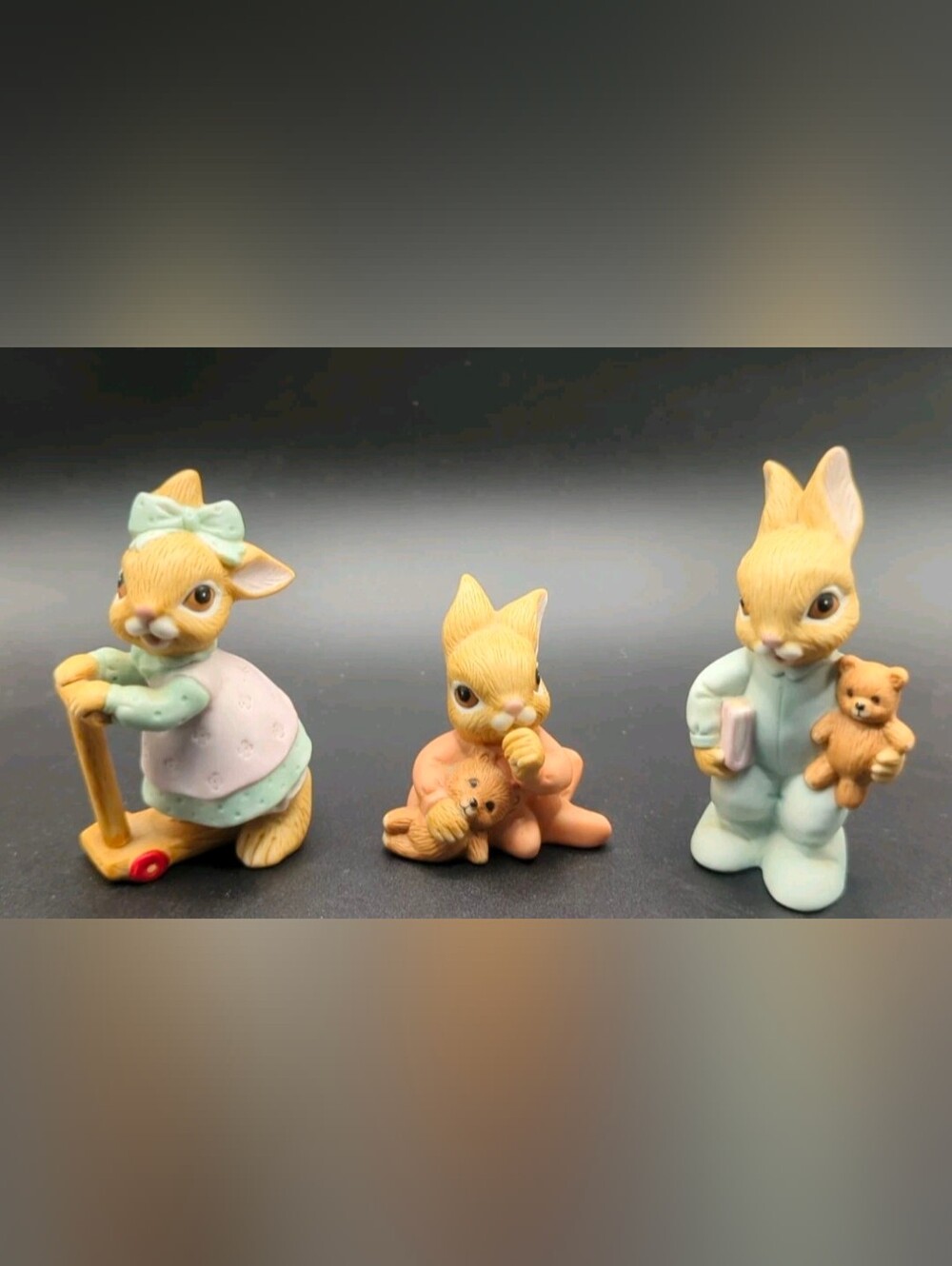 HOMCO Bunnies Figurine Set #1466, 3 pc Lot Scooter Teddy Bear Easter Rabbits VTG